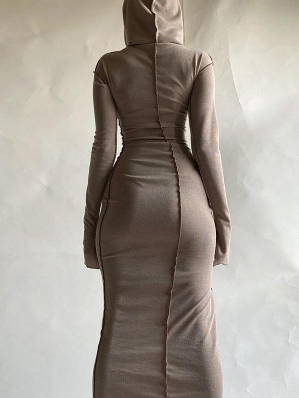 Minimalist Plain Drop Shoulder Longsleeves Hooded Bodycon Dress, Womenswear, Long Sleeve Solid Long Dresses, Womenswear, Lady Please Purchase A Size Up