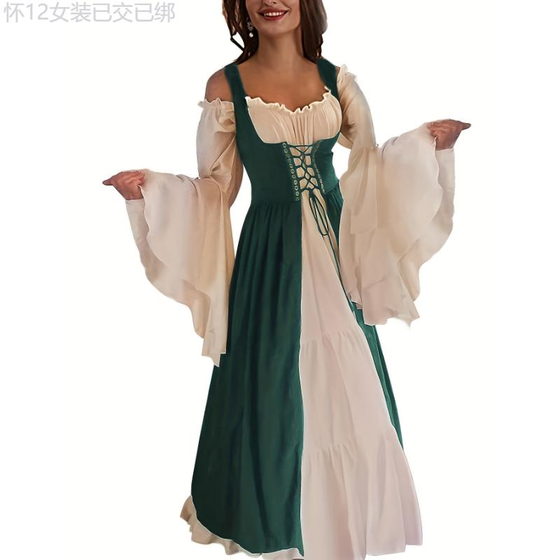 Women's Elegant Square Neck Corset Medieval Renaissance Cosplay Dress, Long Sleeve Ankle-length Gown With Lace-up Waist Collar