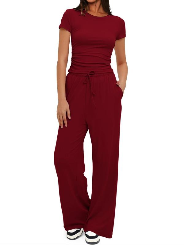 Women's Solid Color Tee & Wide Leg Pants Loungewear Two-Piece Set, Casual Comfy Round Neck Short Sleeve T-Shirt & Trousers PJ Set, Ladies Sleepwear for All Seasons