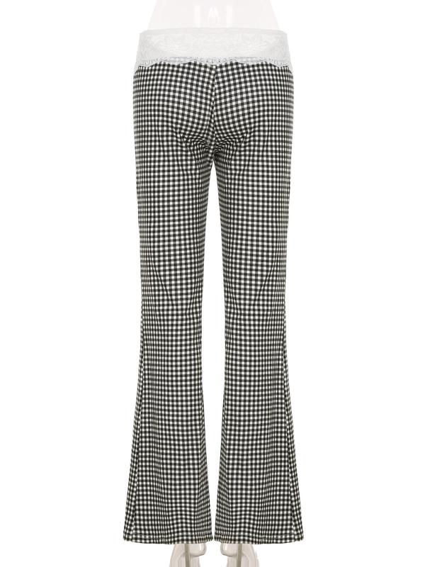 Women's Plaid Print Contrast Lace Flare Leg Pants, Casual Comfy Bow Decor Trousers for Daily Wear, Ladies Bottoms for Fall & Winter