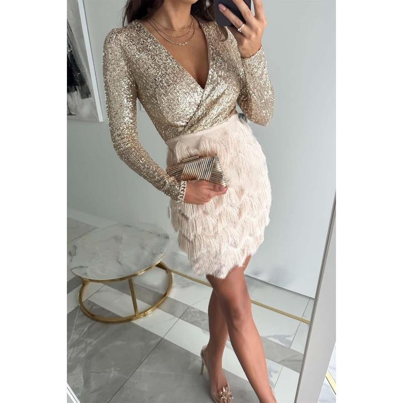 Women's Wrap V Neck Long Sleeve Pencil Mini Dress Sequin Top Fringe Skirt Flapper Cocktail Short Dress