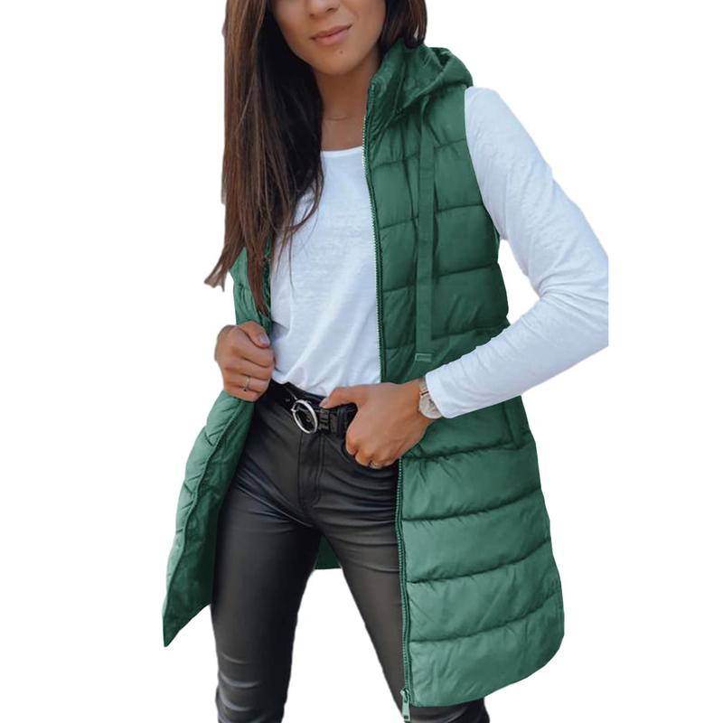 Tankaneo Women Long Vest Solid Color Sleeveless Hood Winter Puffer Vest Outwear Womenswear Tops Comfort Basic Casual Hoodie Minimalist