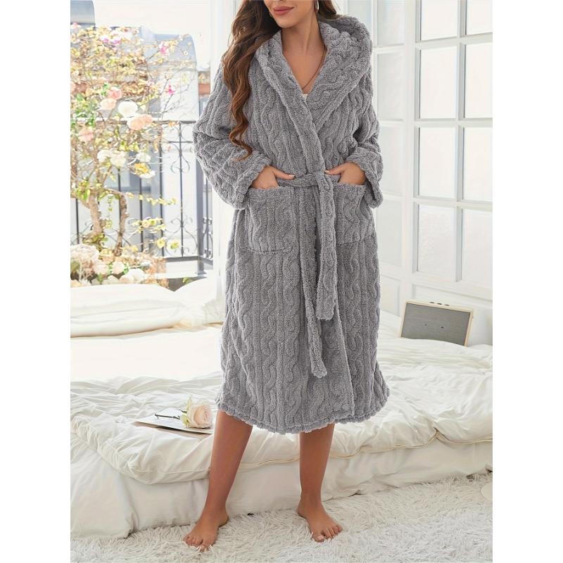 Cozy Fleece-Lined Hooded Bathrobe for Women - Long Sleeve, Dual-Sided Pockets, Tie-Waist Lounge Robe with Plush Comfort - Perfect for Fall Winter