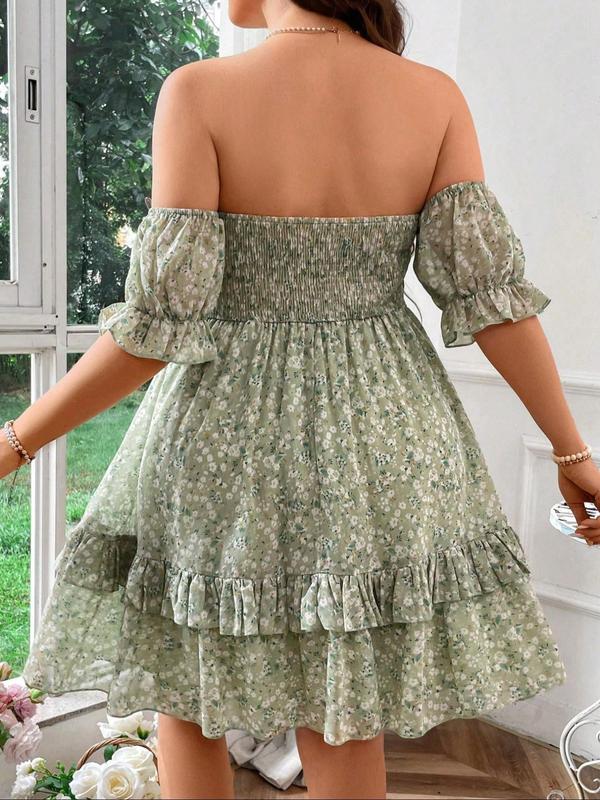  All Over Floral Print Off Shoulder Ruffle Hem Dress, Elegant Fashion Casual Flounce Sleeve A Line Dress for Daily Outdoor Wear, Women Clothing for All Seasons