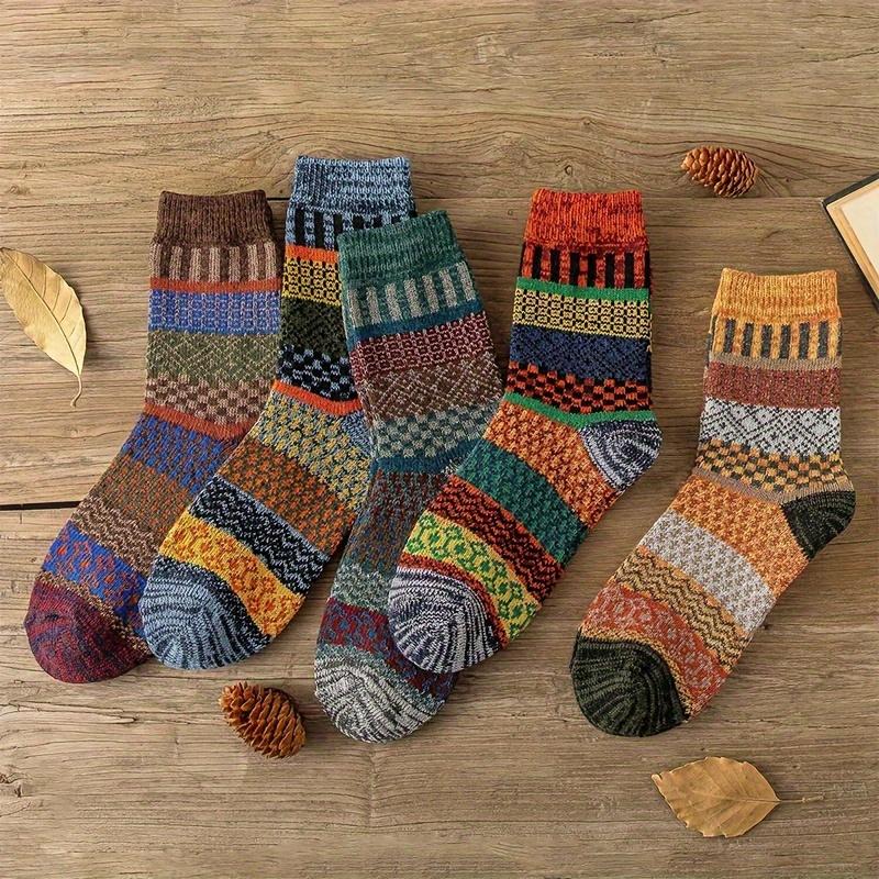 5 pairs of unisex Geo Pattern socks, ethnic retro autumn  winter towel tube socks, ladies stockings and socks Womenswear Underwear Breathable Elastic