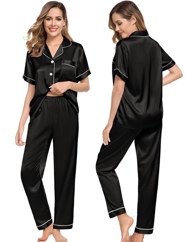 SWOMOG Couples Pajamas Sets Women & Men Satin Short Sleeve Sleepwear Button Down Loungewear Pjs Set with Long Pants Fabric Pajama Set