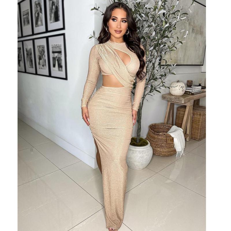 Echoine Sexy Glitter Ruched Cutout Bodycon Midi Dress Long Sleeve Plain Slim Solid Color Basic Fitted Elegant Party Dresses Formal Guest Gown Wedding