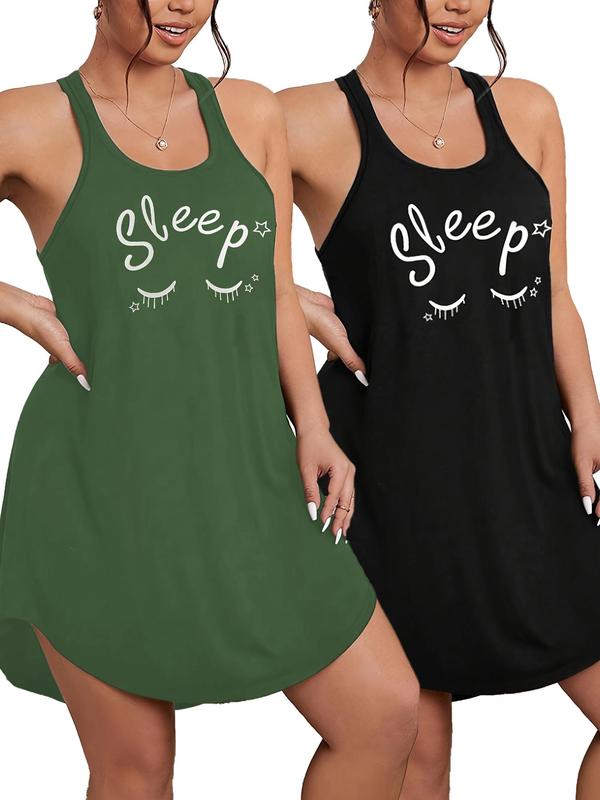  Letter & Cartoon Face Print Tank Nightdress, Casual Soft Comfortable Racer Back Sleeveless Nightgown for Women, Women's Sleepwear for All Seasons