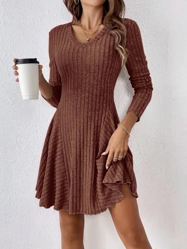 Fall Women's Plain Lettuce Trim V Neck A Line Dress, Casual Long Sleeve Short Dress for Fall & Winter, Modern Fashion Casual Dresses, Ladies Clothes for Daily Wear, Comfort Summer Womenswear