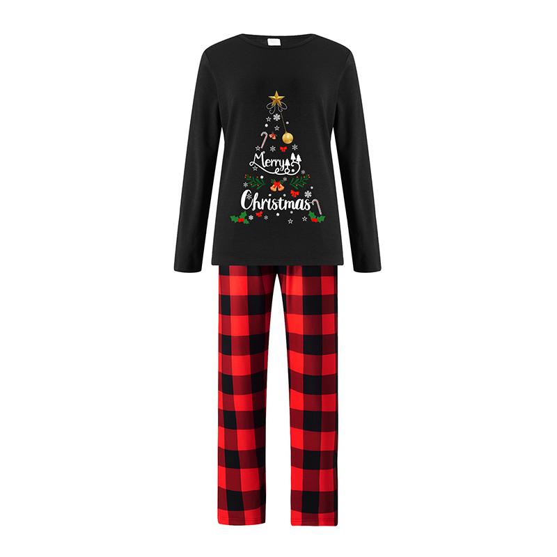 Black Matching Christmas Pajamas For Family, String Lights Christmas Tree Print Long-Sleeved Tops + Elastic Waist Plaid Trousers Romper