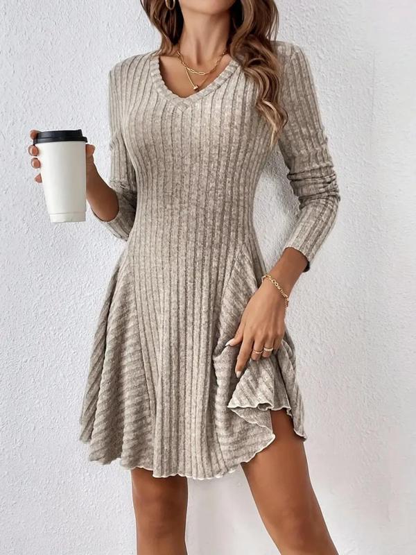 Fall Women's Plain Lettuce Trim V Neck A Line Dress, Casual Long Sleeve Short Dress for Fall & Winter, Modern Fashion Casual Dresses, Ladies Clothes for Daily Wear, Comfort Summer Womenswear