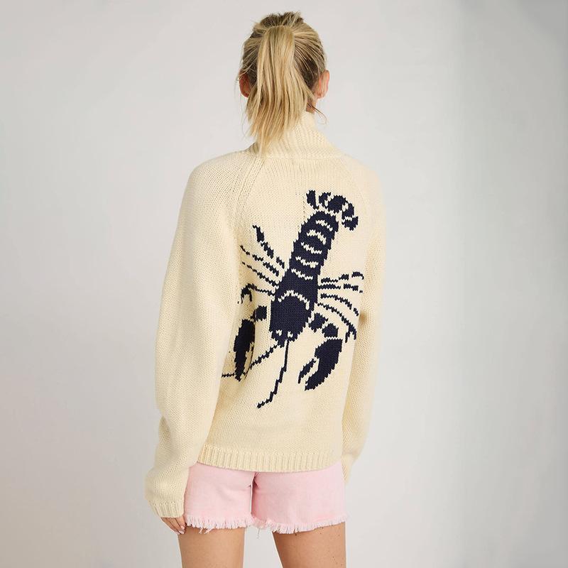 European and American 2024 Winter Sweater Women's Leisure Commute Single-Breasted Cardigan Long Sleeve Shrimp Shrimp Printed Knitted Cardigan