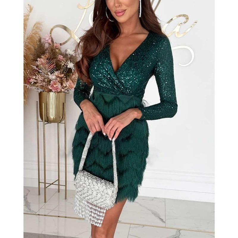 Women's Wrap V Neck Long Sleeve Pencil Mini Dress Sequin Top Fringe Skirt Flapper Cocktail Short Dress