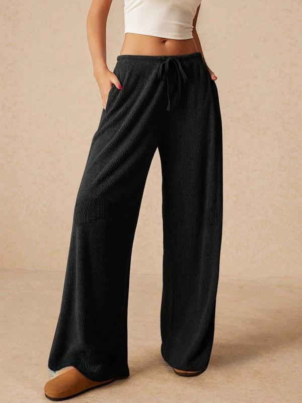 Women's Plain Drawstring Waist Wide Leg Pants, Casual Pocket Trousers for Daily Wear, Ladies Bottoms for All Seasons