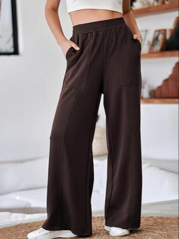 Women's Solid Pocket Elastic Waist Straight Leg Pants, Casual Comfy Trousers for Fall & Winter, Women's Bottoms for Daily Wear