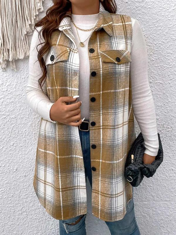  Women's Plaid Print Button Front Vest Coat, Casual Sleeveless Fake Pocket Decor Collared Outerwear for Fall & Winter, Women's Clothes for Daily Wear