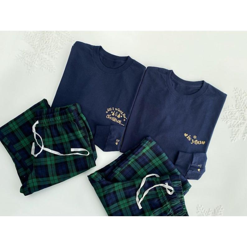 Matching couples pyjamas Christmas long sleeve tartan check gingham blue green initials his her pyjamas boyfriend girlfriend 1st Christmas Christmas Gifts.