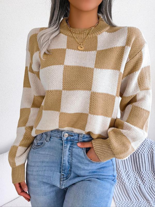 Women's Colorblock Plaid Print Drop Shoulder Sweater Pullover, Casual Long Sleeve Round Neck Jumper for Fall & Winter, Fashion Ladies' Knitwear for Daily Wear