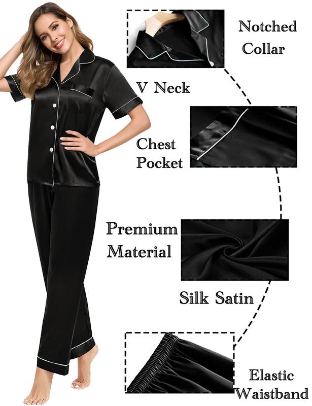 SWOMOG Couples Pajamas Sets Women & Men Satin Short Sleeve Sleepwear Button Down Loungewear Pjs Set with Long Pants Fabric Pajama Set