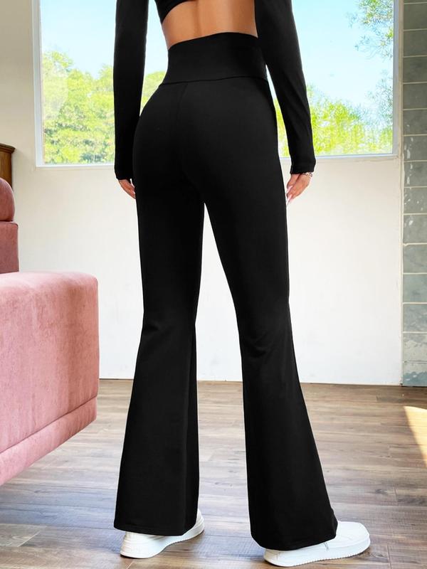 Women's Solid Wrap High Waist Flare Leg Pants, Casual Comfy Bell Bottom Trousers for Daily Wear, Ladies Bottoms for All Seasons