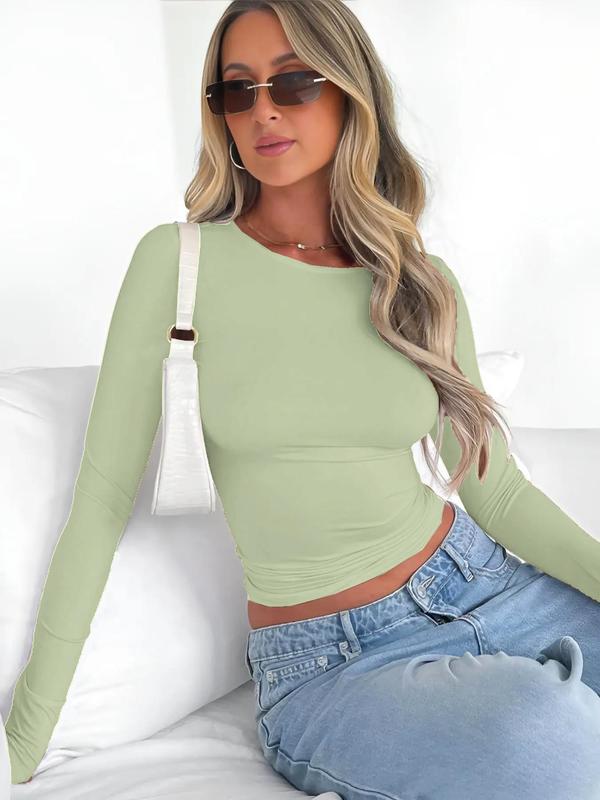 Women's Plain Round Neck Long Sleeve Crop Tee, Casual Solid Crew Neck T-shirt for Spring & Fall, Women's Top for Daily Wear,  90s Clothes