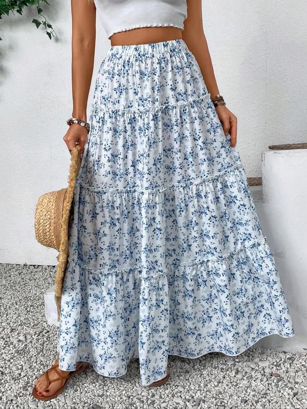 Women's Ditsy Floral Print Frill Trim Skirt, Elegant High Waist Maxi Skirt for Daily Holiday Vacation Wear, Ladies Bottoms for All Seasons