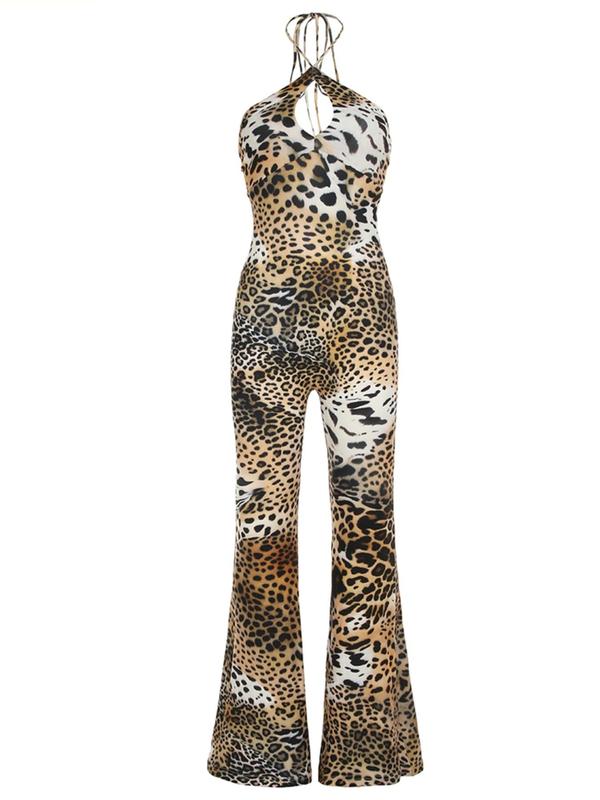 Women's Leopard Print Cut Out Tie Back Halter Jumpsuit, Y2k Fashion Casual Sleeveless Backless Flared Leg Bottom Jumpsuit for Daily Outdoor Wear, Ladies Clothes for All Seasons