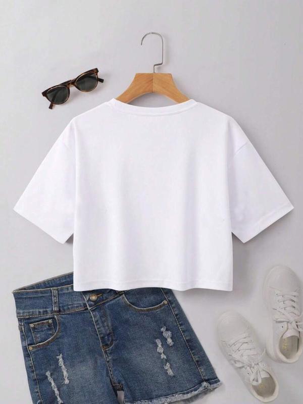 Women's Letter Print Drop Shoulder Crop Tee, Casual Short Sleeve Round Neck T-shirt for Daily Wear,  T Shirts for Women, Graphic Tees, Streetwear Tops for All Seasons