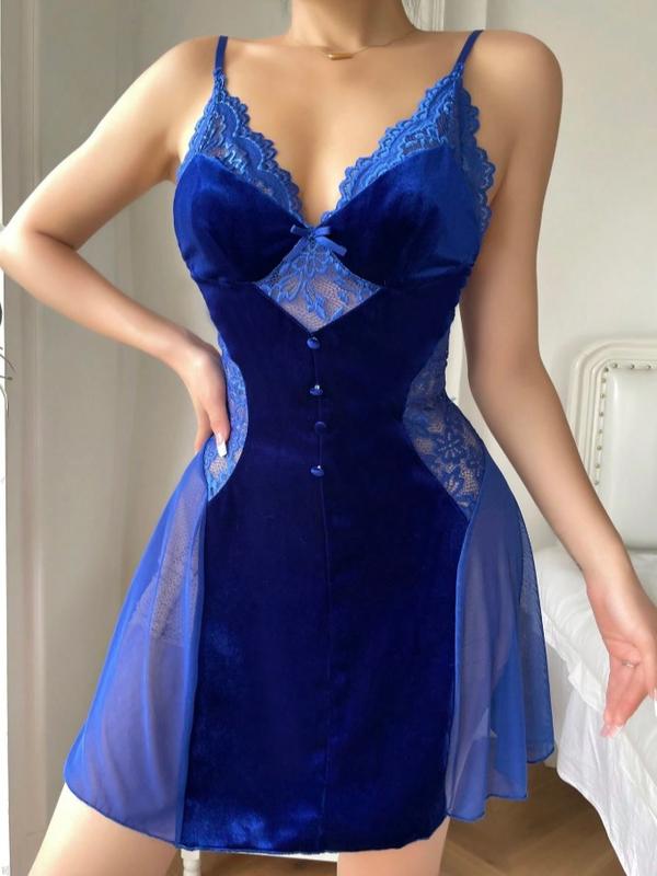 Lace Splice Bow Tie Decor Backless Camisole Nightgown