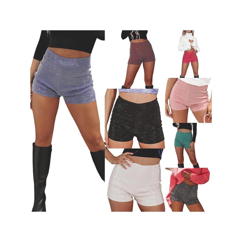 Women Shiny Rhinestone Shorts Sparkly High Waist Summer Short Pants for Beach Nightclub Streetwear