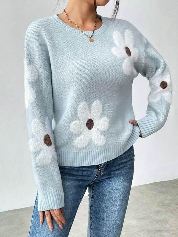 Women's Floral Print Drop Shoulder Long Sleeve Sweater, Casual Fashion Round Neck 90s Vintage Jumper for Spring & Fall, Birthday Outfits 2024, Women's Knitwear Y2k Clothing for Daily Wear