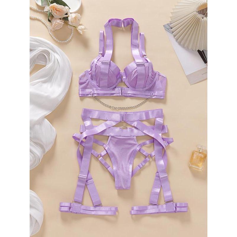 Women's Solid Color Chain Decor Sexy Lingerie Set, Adjustable Strap Bra & Cut Out Thong & Garter Belt & Thigh Straps Set, Women's Sexy Lingerie & Underwear for All Seasons