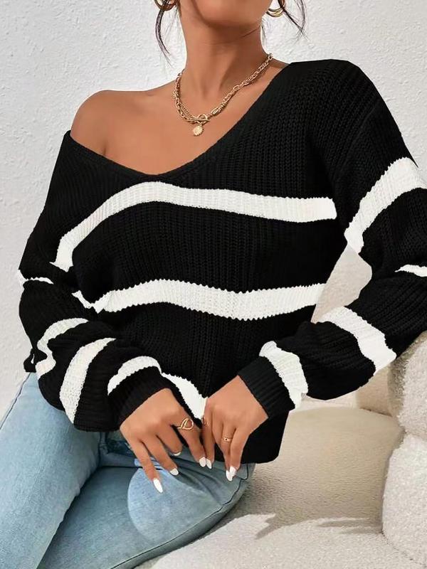 Women's Striped Print Drop Shoulder Sweater, Sweater for Women, Casual Long Sleeve V Neck Jumper for Fall & Winter, Cozy Fall Outfits for Women