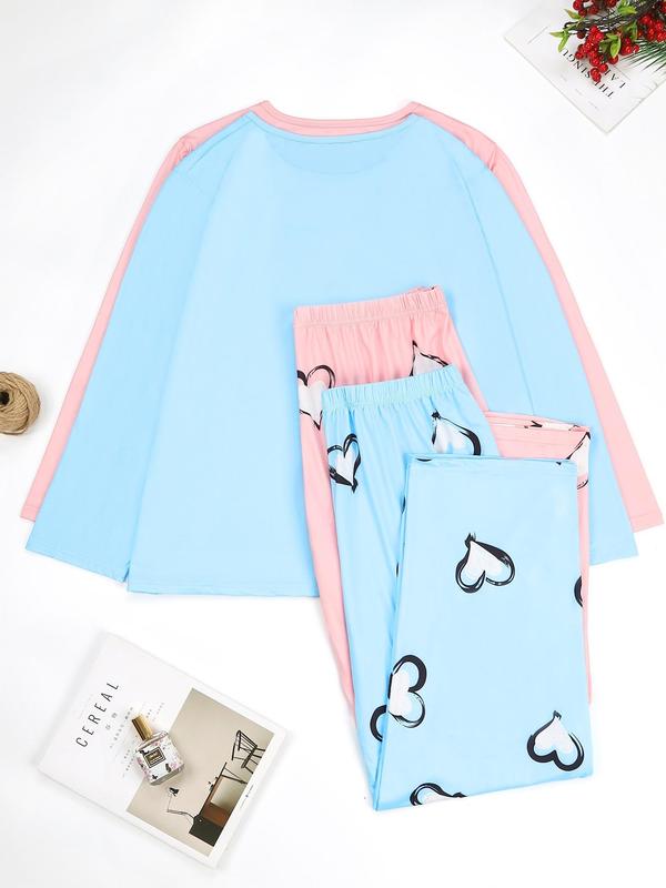  Heart Print Long Sleeve Tee & Elastic Waist Pants Pajama Set, Casual Comfy Round Neck Top & Trousers PJ Set, Women's Sleepwear for Fall & Winter