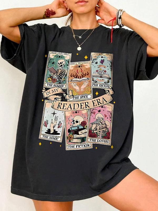 Women's Cartoon Skull & Letter Print Drop Shoulder Tee, Casual Half Sleeve Round Neck T-shirt for Daily Wear, Ladies Clothes for All Seasons