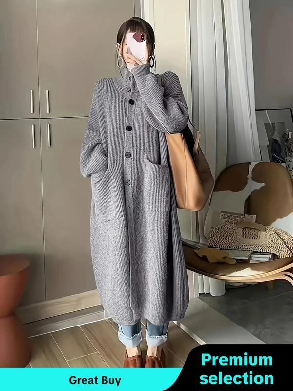 Women's Solid Color Button Front Drop Shoulder Long Cardigan, Casual Long Sleeve Collared Knitwear for Fall & Winter, Women's Knit Clothing for Daily Wear