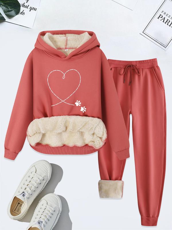 Women's Heart Print Hoodie & Drawstring Waist Pants Thermal Lined Two-piece Set, Casual Long Sleeve Hooded Sweatshirt & Pocket Trousers, Women's Fall & Winter Clothes