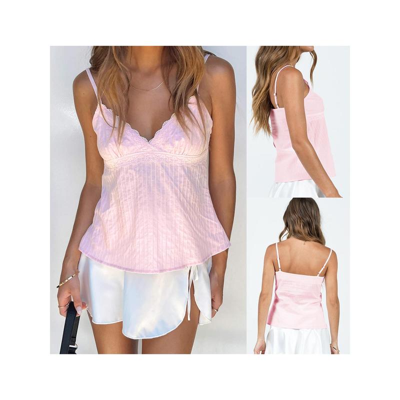 Women Camisole, Spaghetti Straps V-neck Lace Patchwork Summer Tops for Party Club