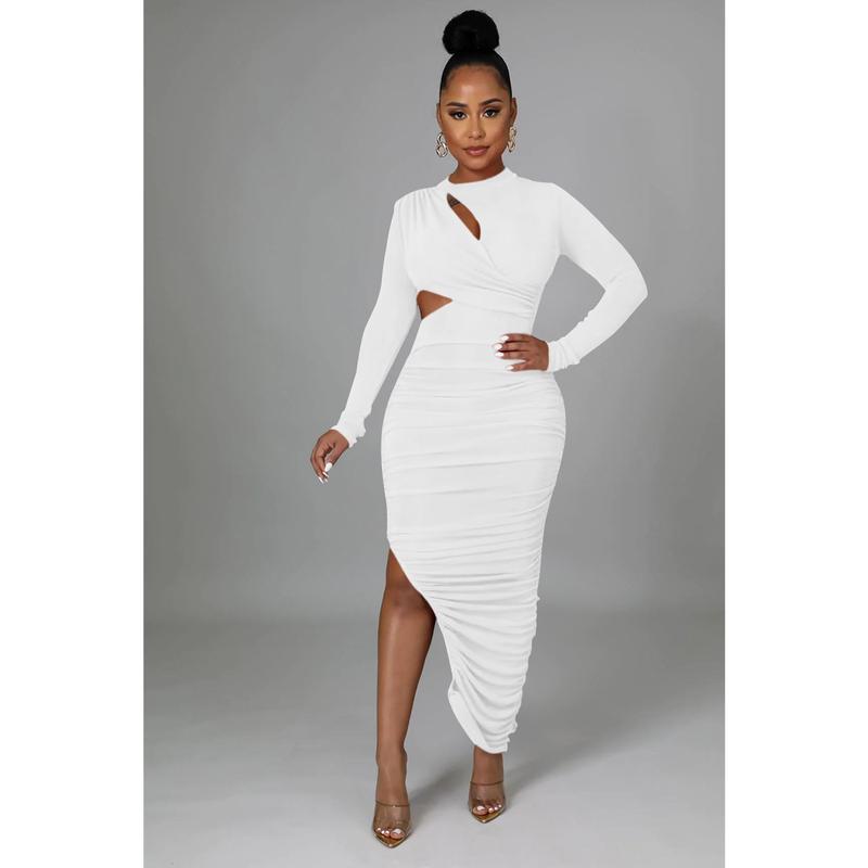 Echoine Sexy Glitter Ruched Cutout Bodycon Midi Dress Long Sleeve Plain Slim Solid Color Basic Fitted Elegant Party Dresses Formal Guest Gown Wedding