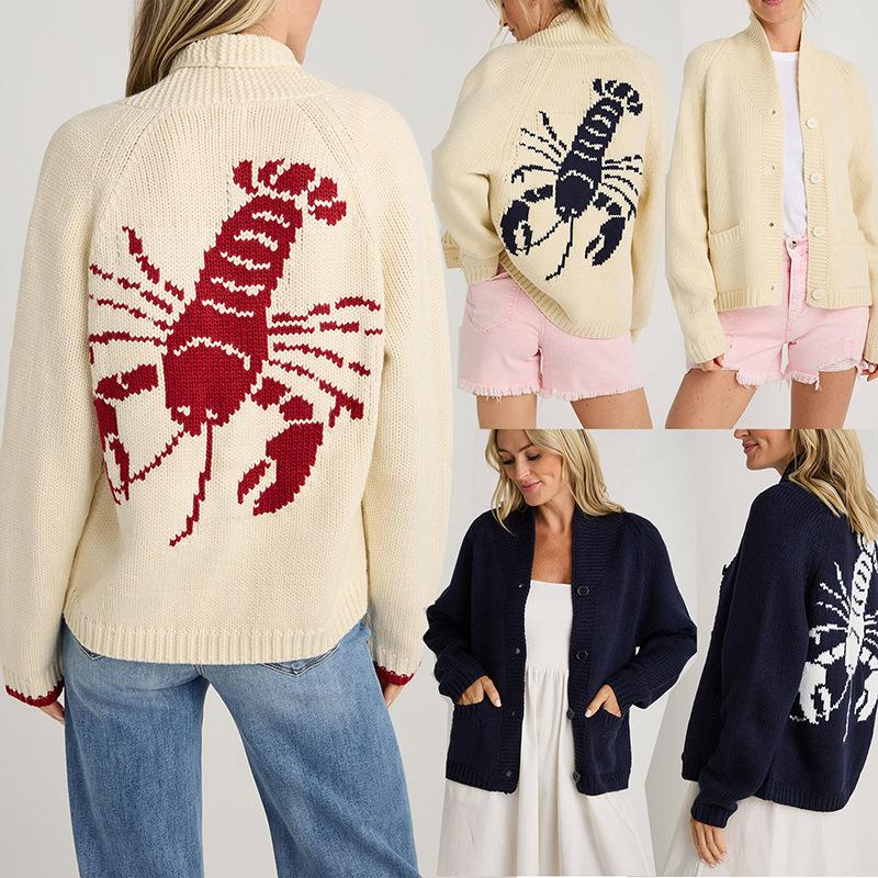 European and American 2024 Winter Sweater Women's Leisure Commute Single-Breasted Cardigan Long Sleeve Shrimp Shrimp Printed Knitted Cardigan