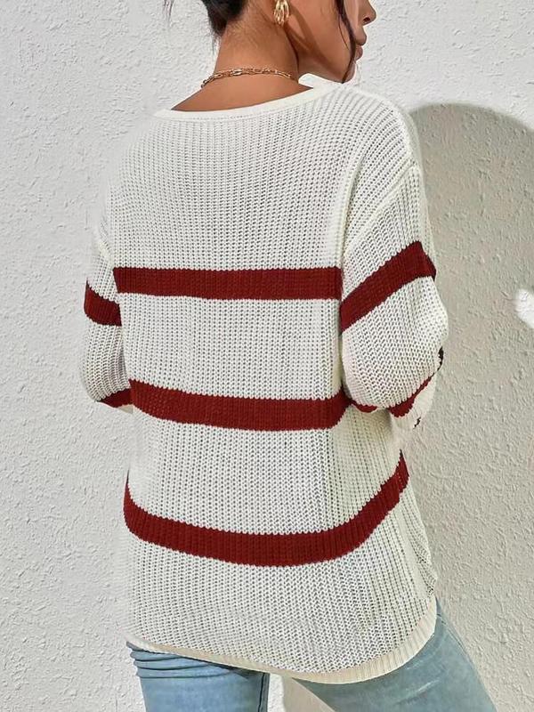 Women's Striped Print Drop Shoulder Sweater, Sweater for Women, Casual Long Sleeve V Neck Jumper for Fall & Winter, Cozy Fall Outfits for Women