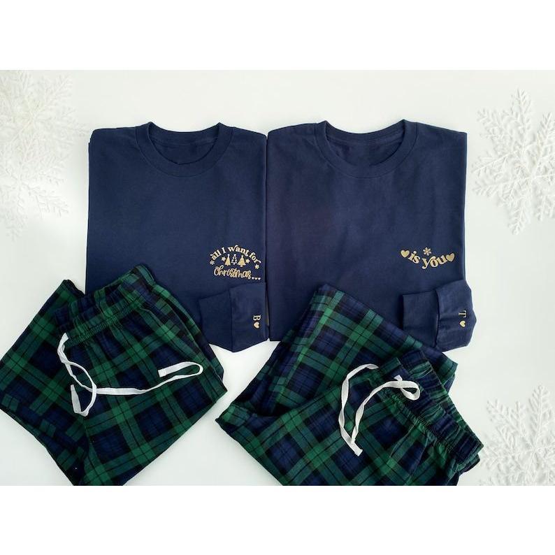 Matching couples pyjamas Christmas long sleeve tartan check gingham blue green initials his her pyjamas boyfriend girlfriend 1st Christmas Christmas Gifts.