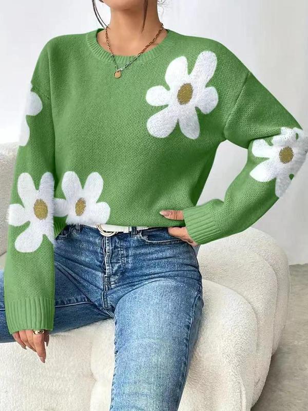 Women's Floral Print Drop Shoulder Long Sleeve Sweater, Casual Fashion Round Neck 90s Vintage Jumper for Spring & Fall, Birthday Outfits 2024, Women's Knitwear Y2k Clothing for Daily Wear