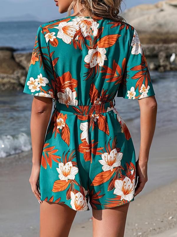 Women's Floral Print Tie Front Wrap Romper, Casual Butterfly Sleeve V Neck Romper for Beach Holiday Vacation, Ladies Clothes for All Seasons