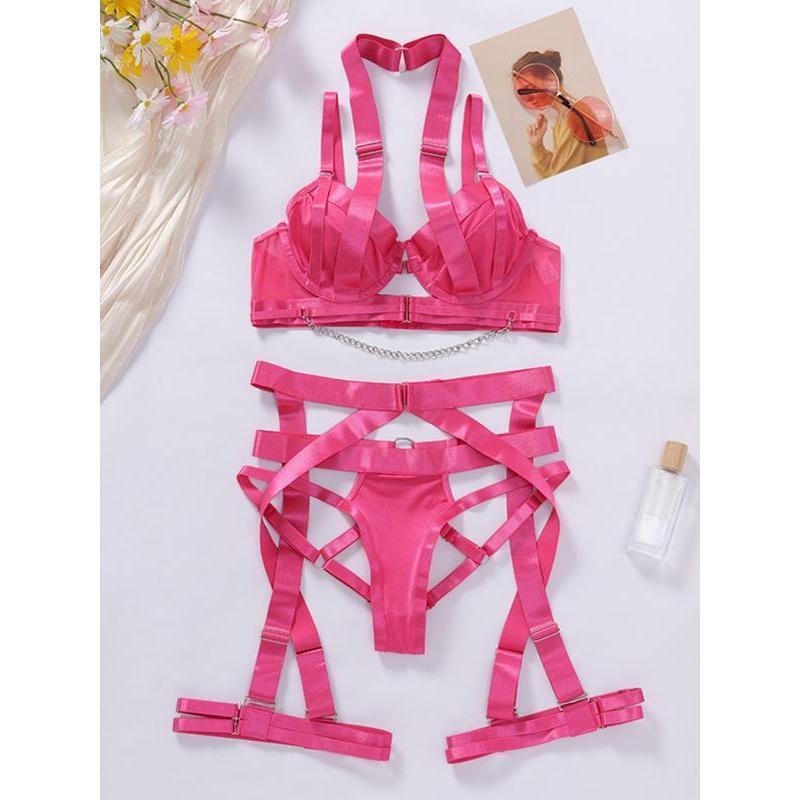 Women's Solid Color Chain Decor Sexy Lingerie Set, Adjustable Strap Bra & Cut Out Thong & Garter Belt & Thigh Straps Set, Women's Sexy Lingerie & Underwear for All Seasons