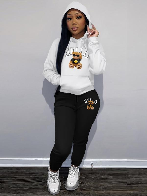 Women's Cartoon Bear Hoodie & Drawstring Waist Sweatpants Set, Casual Long Sleeve Hooded Sweatshirt & Pocket Jogger Pants, Lady Fall & Winter Clothes