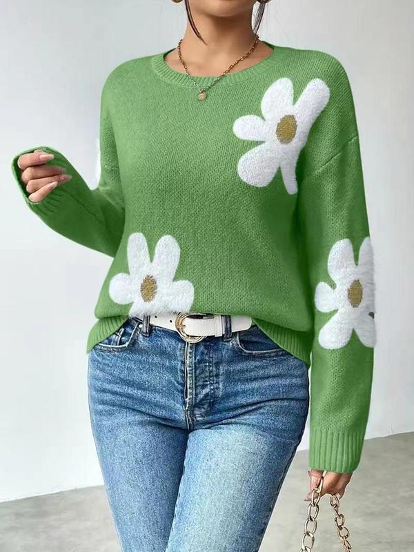 Women's Floral Print Drop Shoulder Long Sleeve Sweater, Casual Fashion Round Neck 90s Vintage Jumper for Spring & Fall, Birthday Outfits 2024, Women's Knitwear Y2k Clothing for Daily Wear