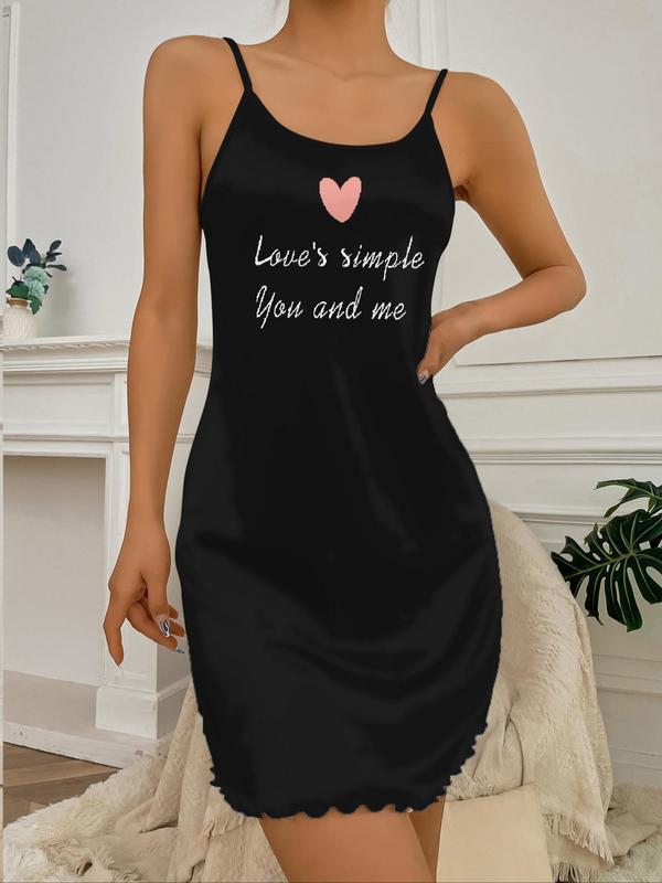 Women's Heart & Letter Print Lettuce Trim Cami Nightdress, Summer Clothes Women, Women's Nighties, Casual Soft Comfy Sleeveless Nightgown for Summer