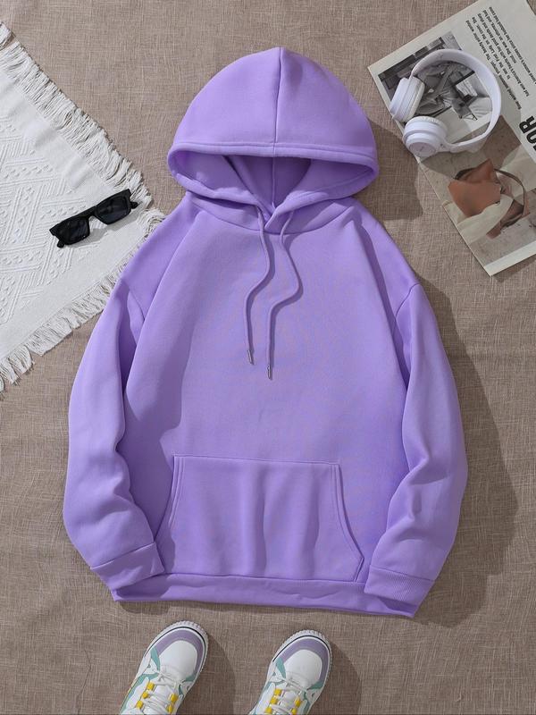 Women's Plain Drawstring Pocket Hoodie, Casual Drop Shoulder Long Sleeve Hooded Sweatshirt, Ladies Fall & Winter Clothes for Daily Wear