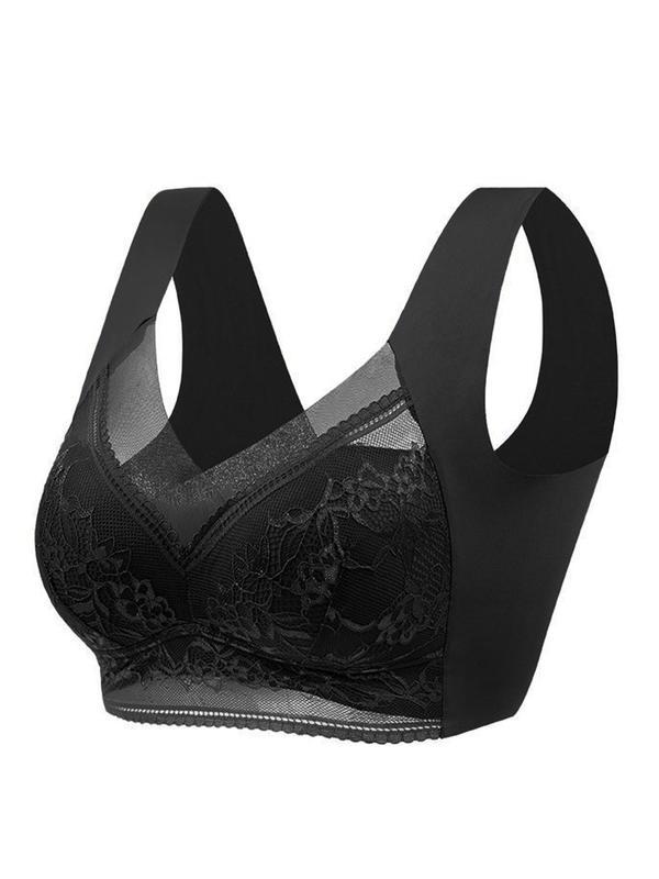 Women's Solid Floral Lace Contrast Mesh Sheer Backless Bra, Casual Comfy Breathable Wireless Lingerie for Daily Wear, Women's Lingerie for All Seasons